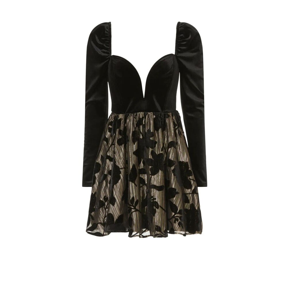 Ashley Park x RTR Encore Velvet Puff Sleeve Sweetheart Black & Gold Mini Dress 8 - Picture 6 of 16